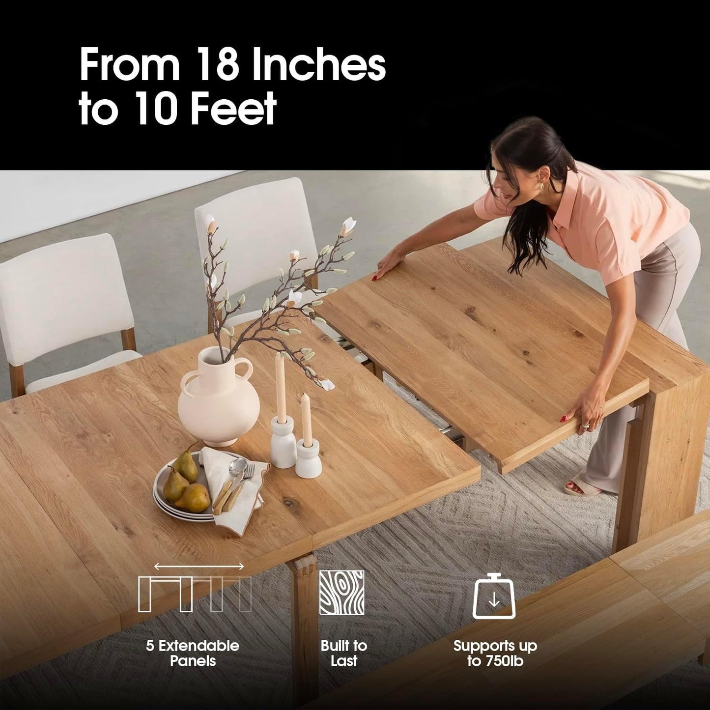 - Solid Wood Extendable Dining Table with Bench and Sideboard Storage, Seats 2-12, Space-Saving Furniture, Scandinavian Oak, Natural Finish (Table + Bench + Coffe Table)