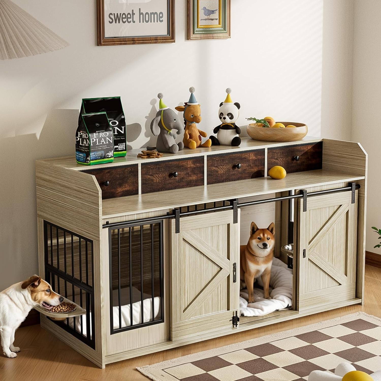 63" Double Dog Crate Furniture – Wooden Dog Kennel Indoor with Sliding Doors, Adjustable Bowls & Storage Drawers – Large Dog Crate TV Stand for 2 Dogs, Beige Wood Grain
