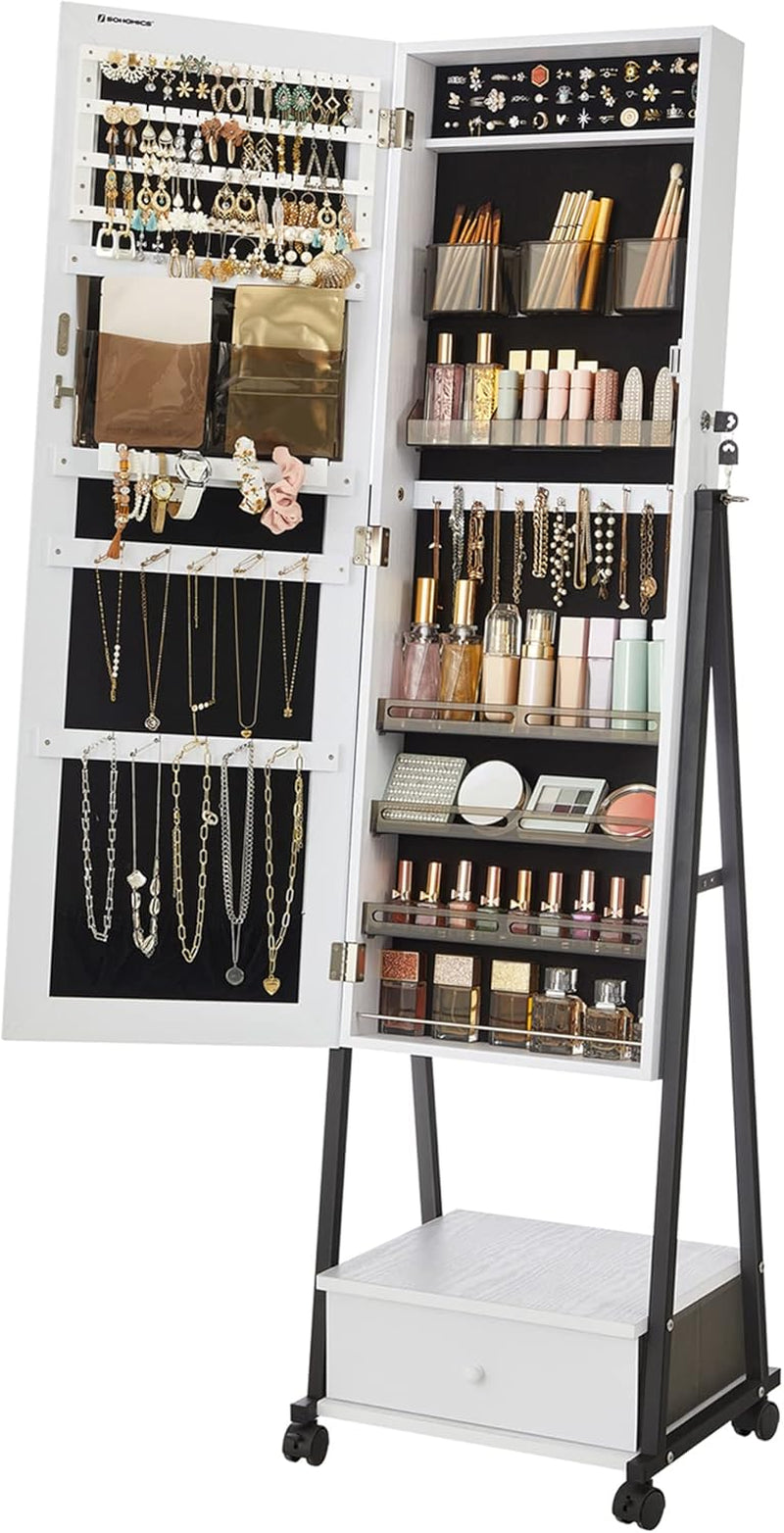 Jewelry Cabinet Floor Standing, Lockable Jewelry Organizer with High Full-Length Mirror, Bottom Drawer, Shelf, Wheels, Jewelry Armoire, Gift Idea, Toasted Oak Color and Black UJJC004N01