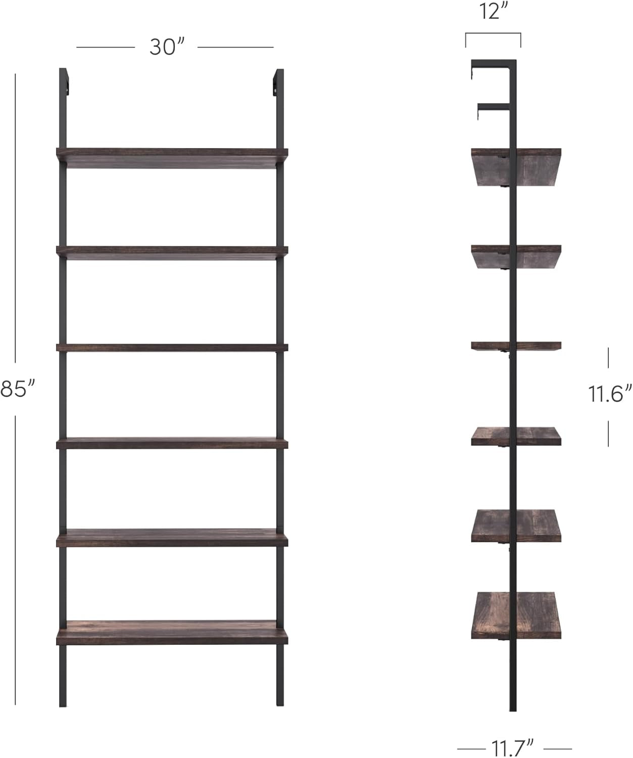 Theo 6-Shelf Tall Bookcase, Wall Mount Bookshelf with Natural Wood Finish and Industrial Metal Frame, Nutmeg/Matte Black, Set of 2