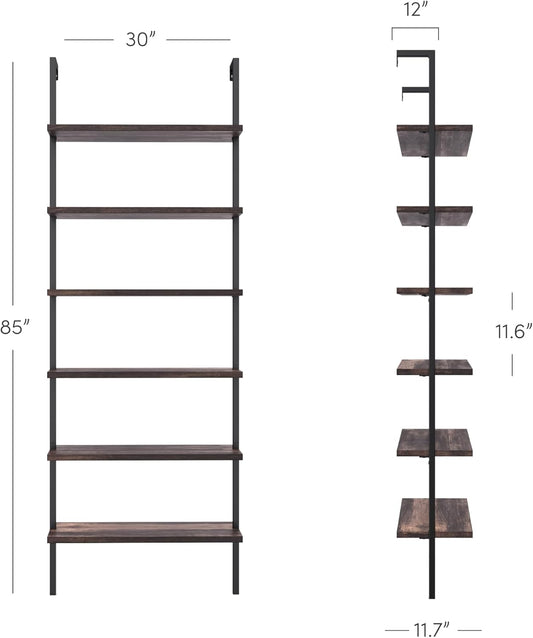 Theo 6-Shelf Tall Bookcase, Wall Mount Bookshelf with Natural Wood Finish and Industrial Metal Frame, Nutmeg/Matte Black, Set of 2