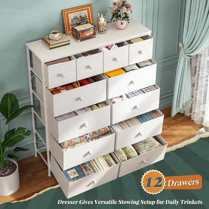 Dressers for Bedroom with 12 Drawers, Fabric Dressers & Chests of Drawers, Sturdy Metal Frame, Wood Top, Entryway, Bedroom Furniture (White)