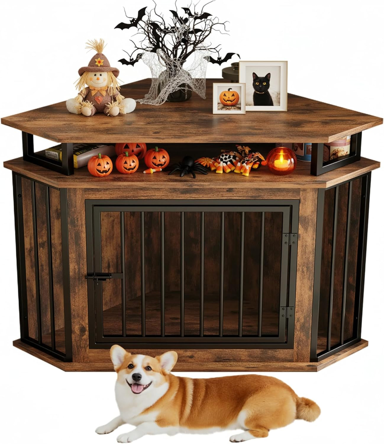 44" Corner Dog Crate with 2-Tier Shelves, Wooden Dog Kennel Furniture, Dog Kennel Indoor Furniture for Small and Medium Dogs, Rustic Brown (23.6" L X 43.3" W X 32.3" H)