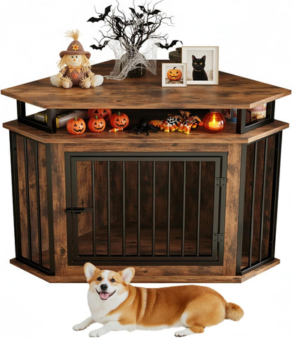 44" Corner Dog Crate with 2-Tier Shelves, Wooden Dog Kennel Furniture, Dog Kennel Indoor Furniture for Small and Medium Dogs, Rustic Brown (23.6" L X 43.3" W X 32.3" H)