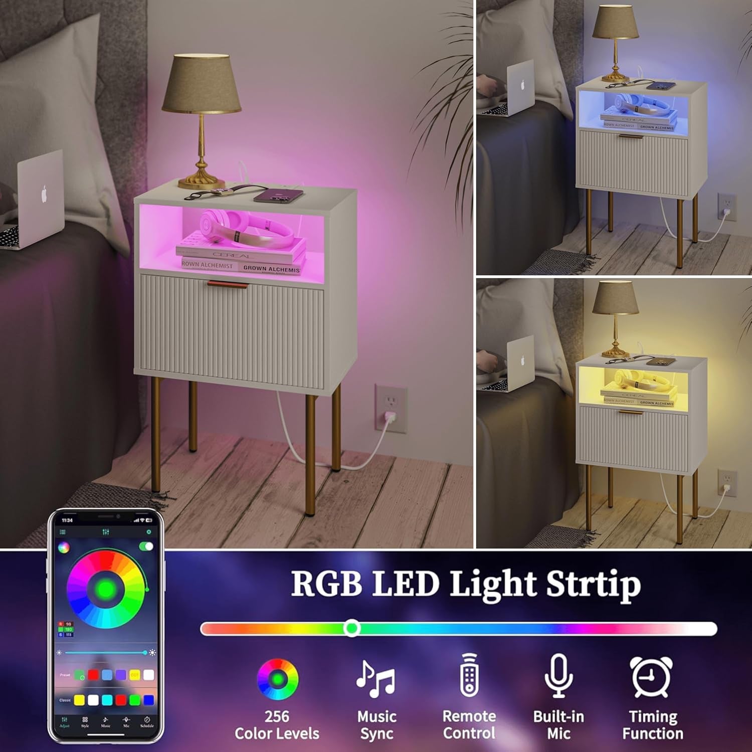 Modern Nightstand with Charging Station and LED Lights, White Bedside Table with Drawer, Fluted Side Table for Living Room, Bedroom