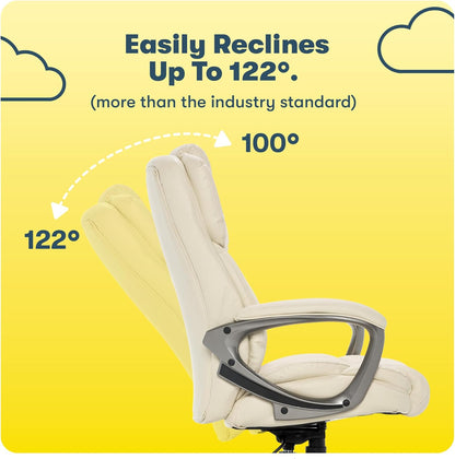 Garret Executive Office Chair, Ergonomic Mid-Back with Lumbar Support, Semi-Plush Cushion and Body Pillows, Padded Armrests, Swivel Base, Bonded Leather, Ivory White