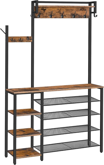 Hall Tree with Bench, Entryway Bench with Coat Rack, Shoe and Coat Rack for Entryway, Coat Rack with Shoe Storage and Reversible Storage Shelves, Rustic Brown BF105MT01