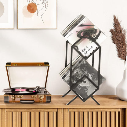 2-Tier-Vinyl-Record-Storage-Holder with Dividers, 200 Lps Albums Storage Rack Shelf, Steel Music Records Display Shelf Organizer for Book, Magazine, Files,Matte Black