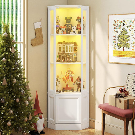 Corner Display Cabinet with Glass Doors, 65" Curio Cabinet W/Multi-Color LED Lights, 4-Tier Lighted Storage Display Case for Collectibles, Showcase Cabinet for Living/Game Room (White)