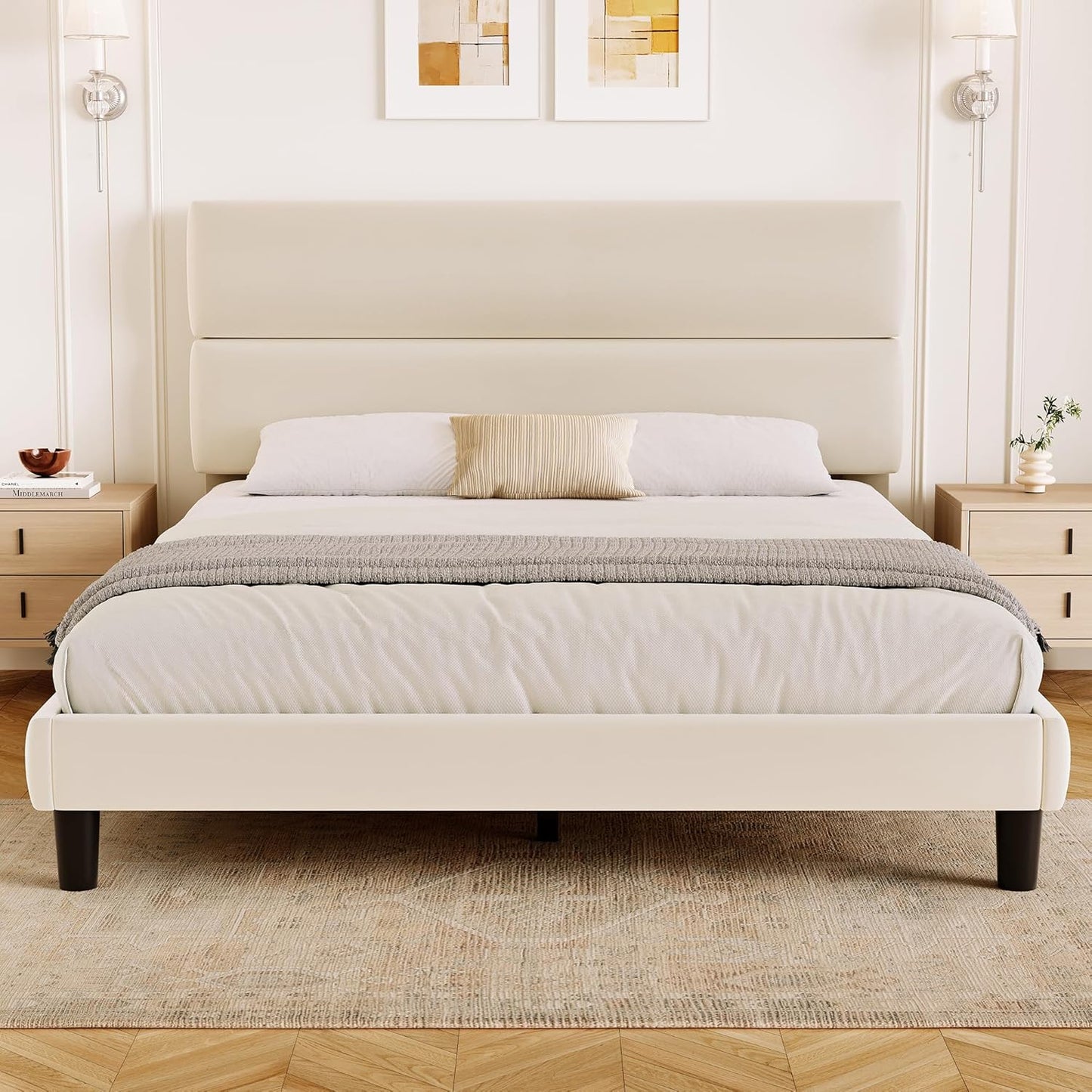 Queen Size Platform Bed Frame with Velvet Headboard, Adjustable Height Wooden Slats Support, Upholstered Mattress Foundation, Fits Mattress or Mattress with Box Spring, Easy Assembly, Beige