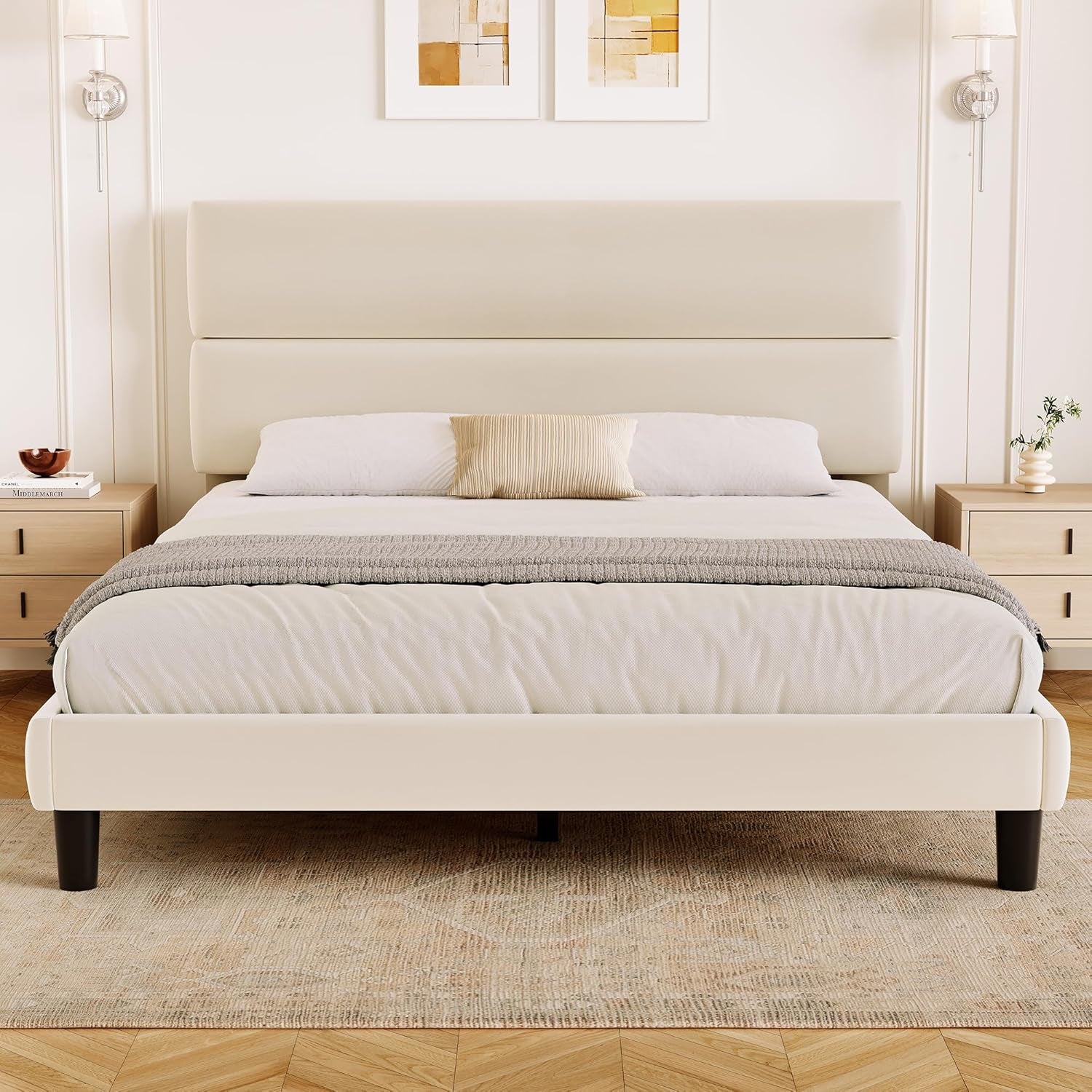Queen Size Platform Bed Frame with Velvet Headboard, Adjustable Height Wooden Slats Support, Upholstered Mattress Foundation, Fits Mattress or Mattress with Box Spring, Easy Assembly, Beige