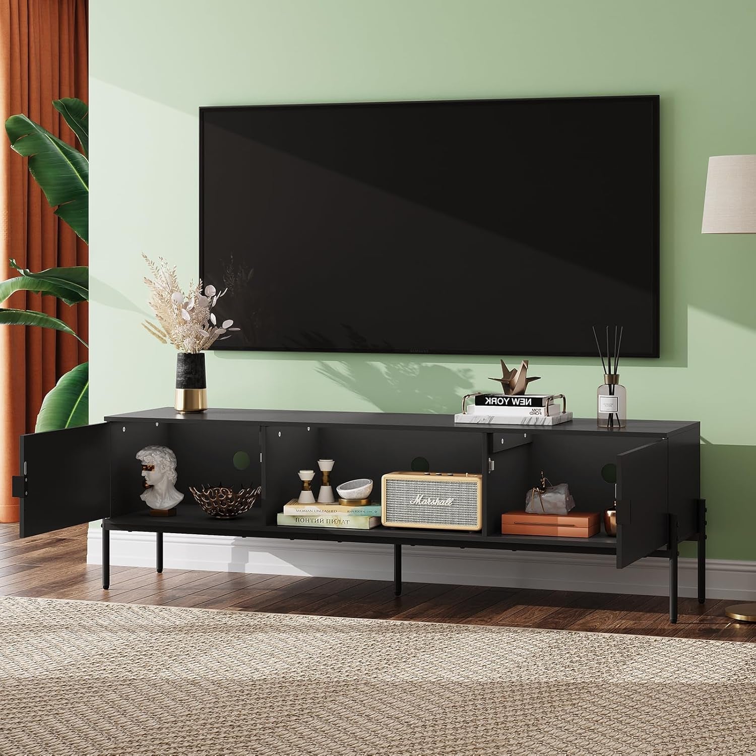 Modern TV Stand for 65 Inch TV, Mid Century Entainment Center with Storage, TV Console with Open Shelf and 2 Cabinets for Bedroom and Living Room, TV Cabinet with Metal Legs, Black