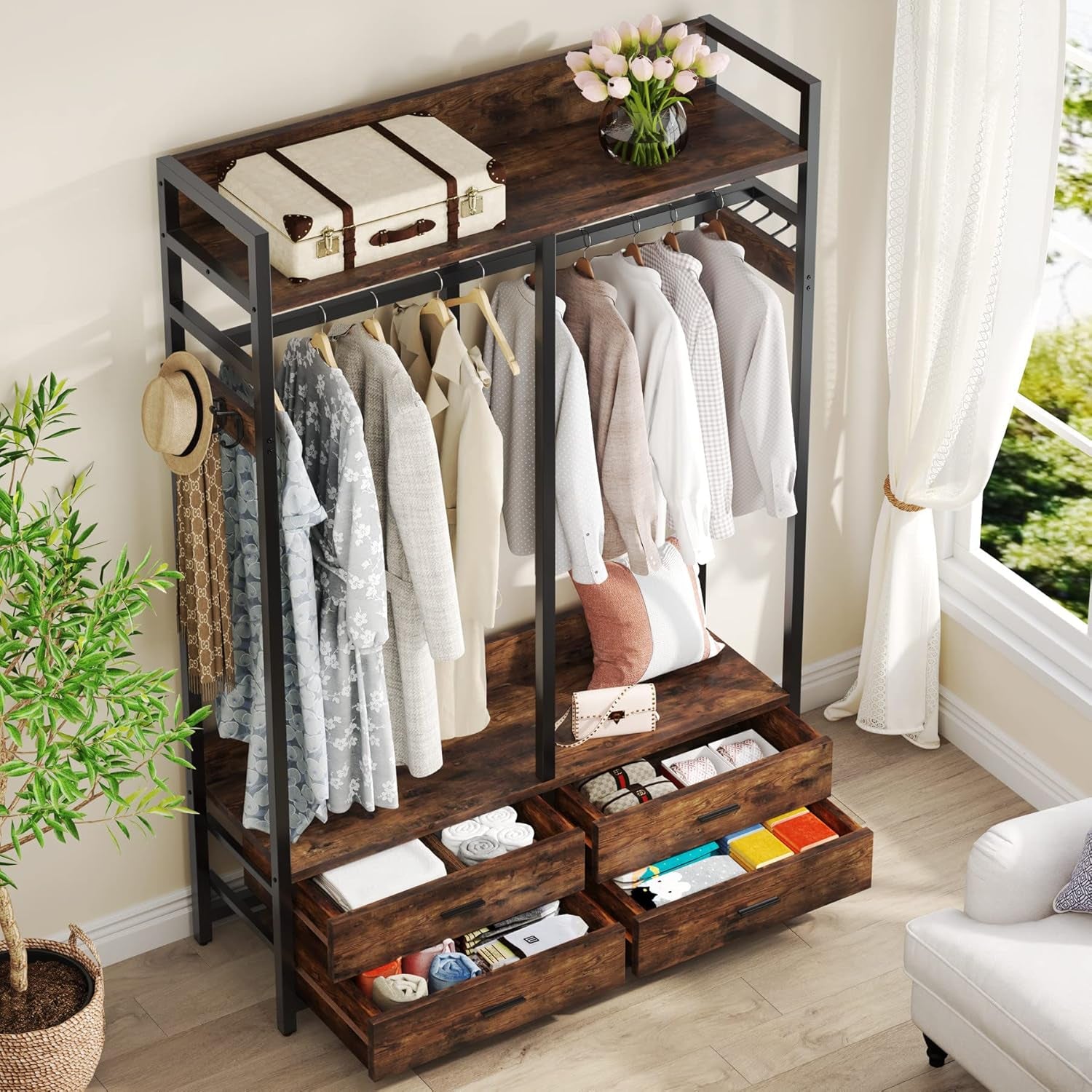 Freestanding Closet Organizer for Hanging Clothes, Heavy Duty Garment Rack with 4 Drawers, 8 Hooks and Storage Shelves, Wardrobe Closet Clothing Rack for Bedroom, Living Room, Rustic Brown