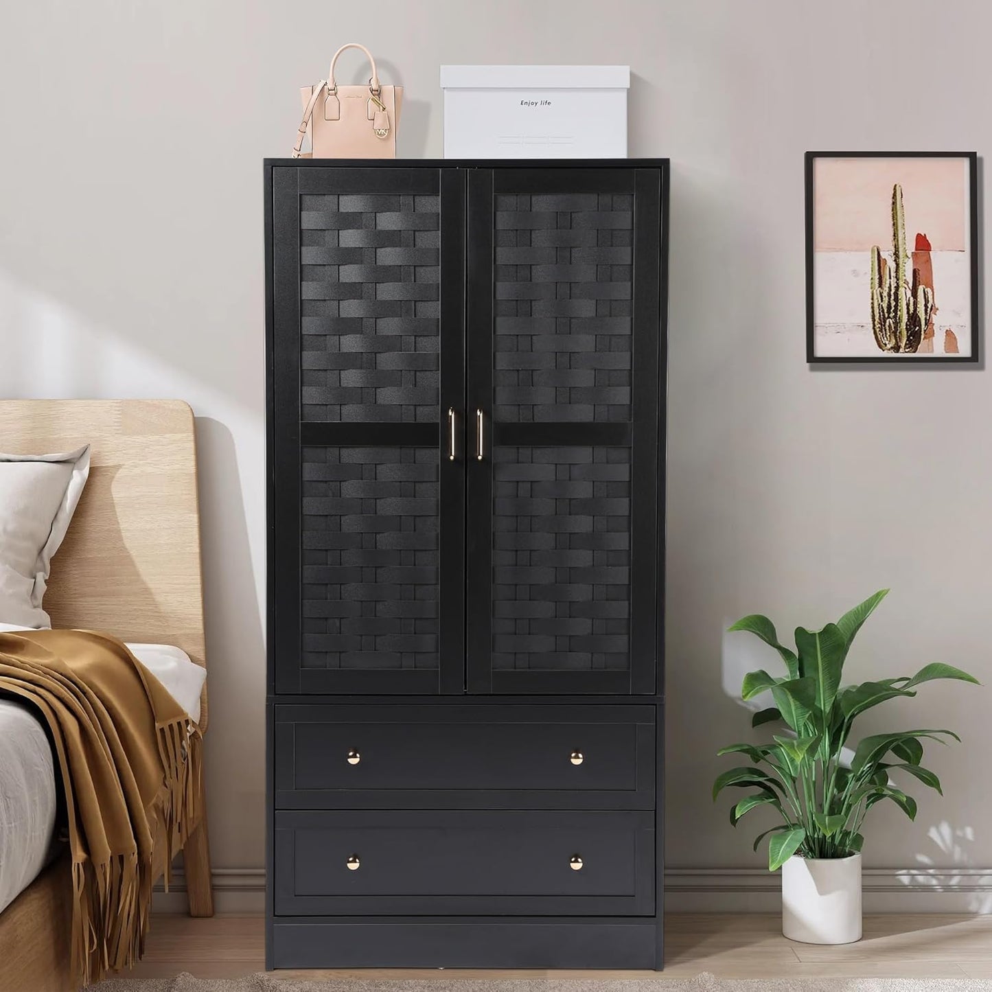 Armoire Wardrobe Closet with 2 Woven Doors, Wardrobe Cabinet with 2 Storage Drawers and Hanging Rail, Freestanding Wooden Closet for Bedroom (Black)