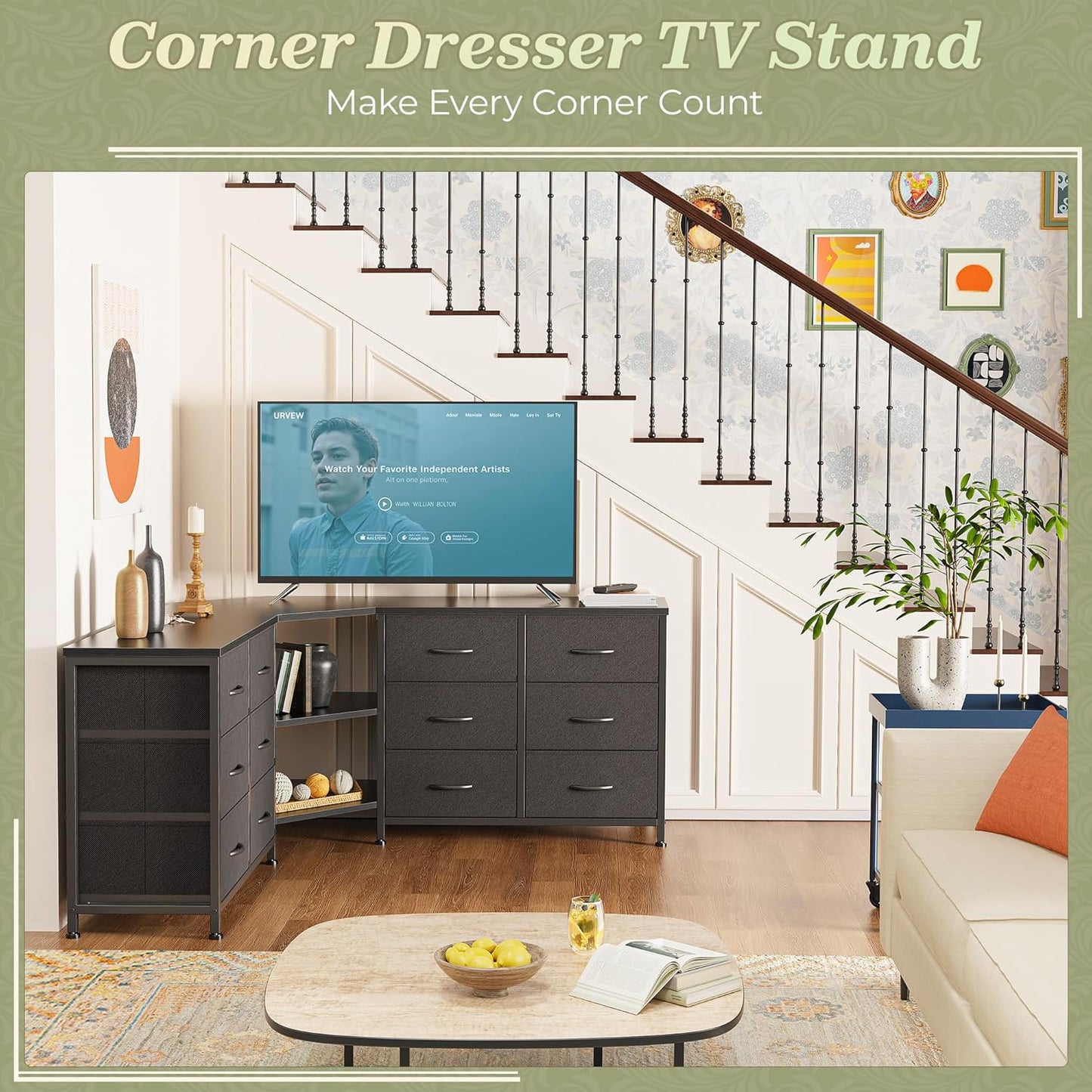 48 Inch Black Dresser for Bedroom, Corner TV Stand for 43, 55 Inch TV, L Shaped Chest of Drawer with Storage and Open Shelves, 12 Drawer Fabric Dresser for Closet, for Small Place