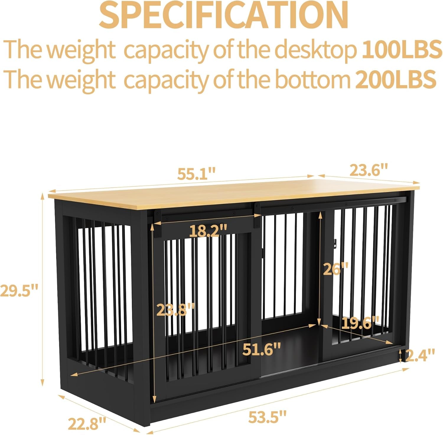 Extra Large Dog Crate Furniture, 55" Indoor Heavy Duty Dog Kennel House with Sliding Doors, Furniture Style Dog Crate Table Side End Table TV Stand for XL Large Medium Breed Dogs,Black