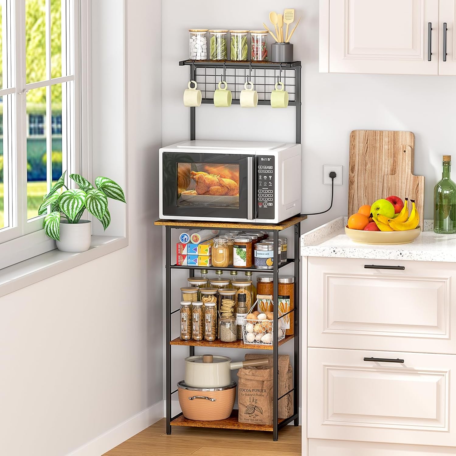 5 Tier Coffee Bar Station, Kitchen Stand with 4 S-Shaped Hooks, Farmhouse Corner Coffee Bar Cabinet for Small Spaces, Bakers Rack for Kitchen, Entryway, Living Room, 13.43"D X 18.93"W X 53.31"H