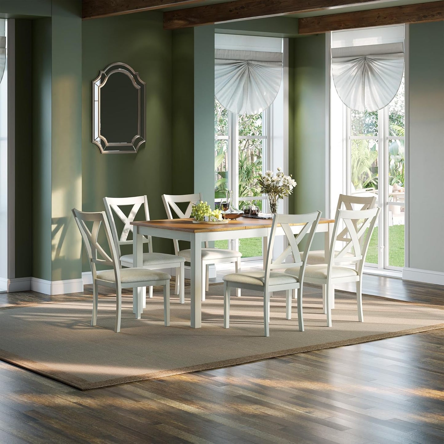 7-Piece Farmhouse Solid Wood Dining Table Set with 6 Upholstered Chairs, 60" Space Saving Dinner Table & Chairs Set, for Dining Room, Kitchen, Restaurant, Brown & White