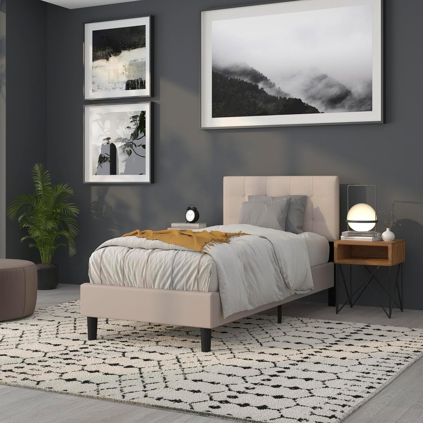 Bedford Box Stitch Tufted Upholstered Twin Size Headboard in Beige Fabric