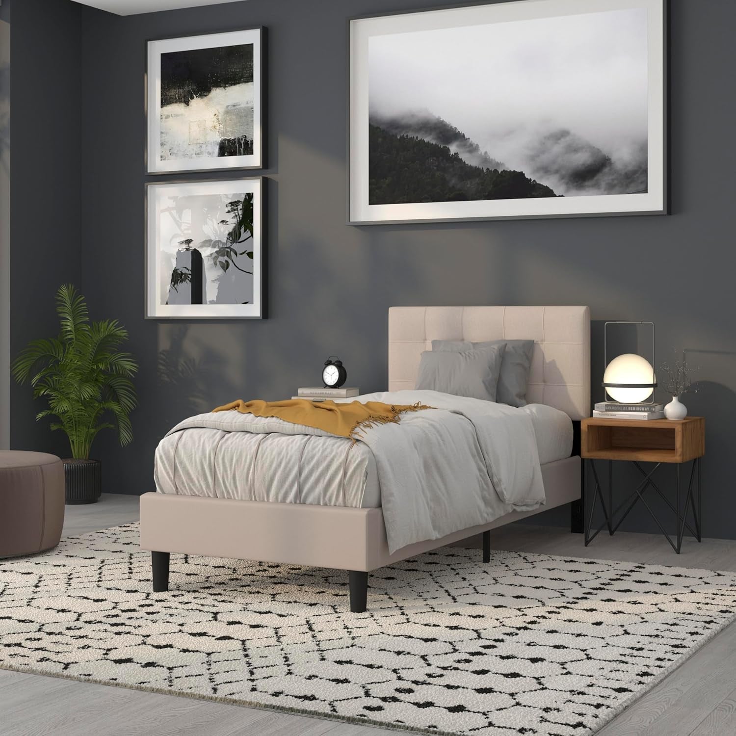 Bedford Box Stitch Tufted Upholstered Twin Size Headboard in Beige Fabric