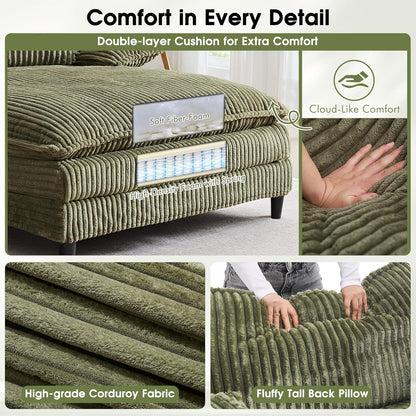 54.8" W Oversized Chaise Lounge Chair Indoor with 5-Position Adjustable Backrest, Corduroy Sleeper Sofa Bed with 3 Pillows, Modern Cloud Couch Chair for Living Room, Bedroom, Green