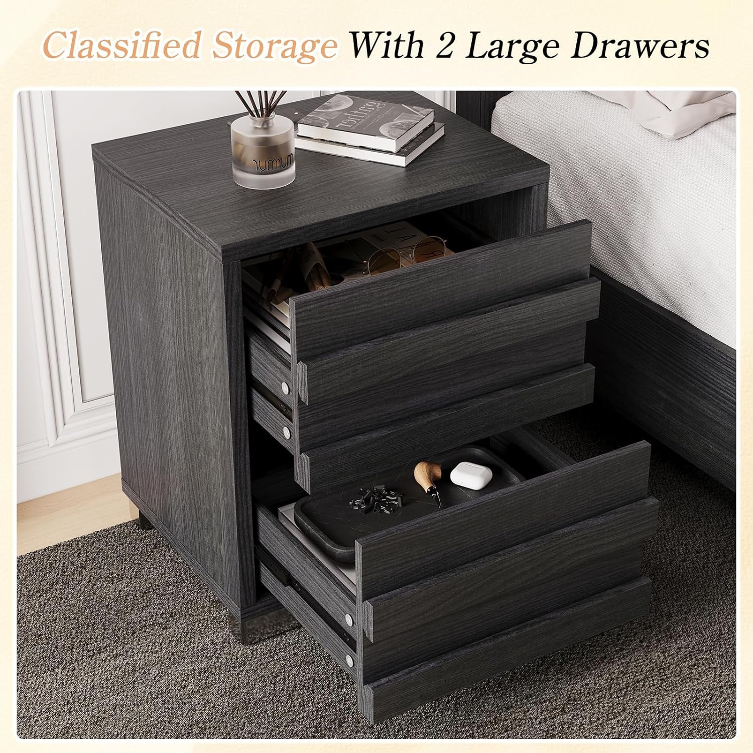 3 Pcs Bedroom Furniture Set - Includes Farmhouse 6 Drawer Dresser and Nightstand Sets of 2 with Charging Station, Slated Handles & Stainless Steel Feet, Black