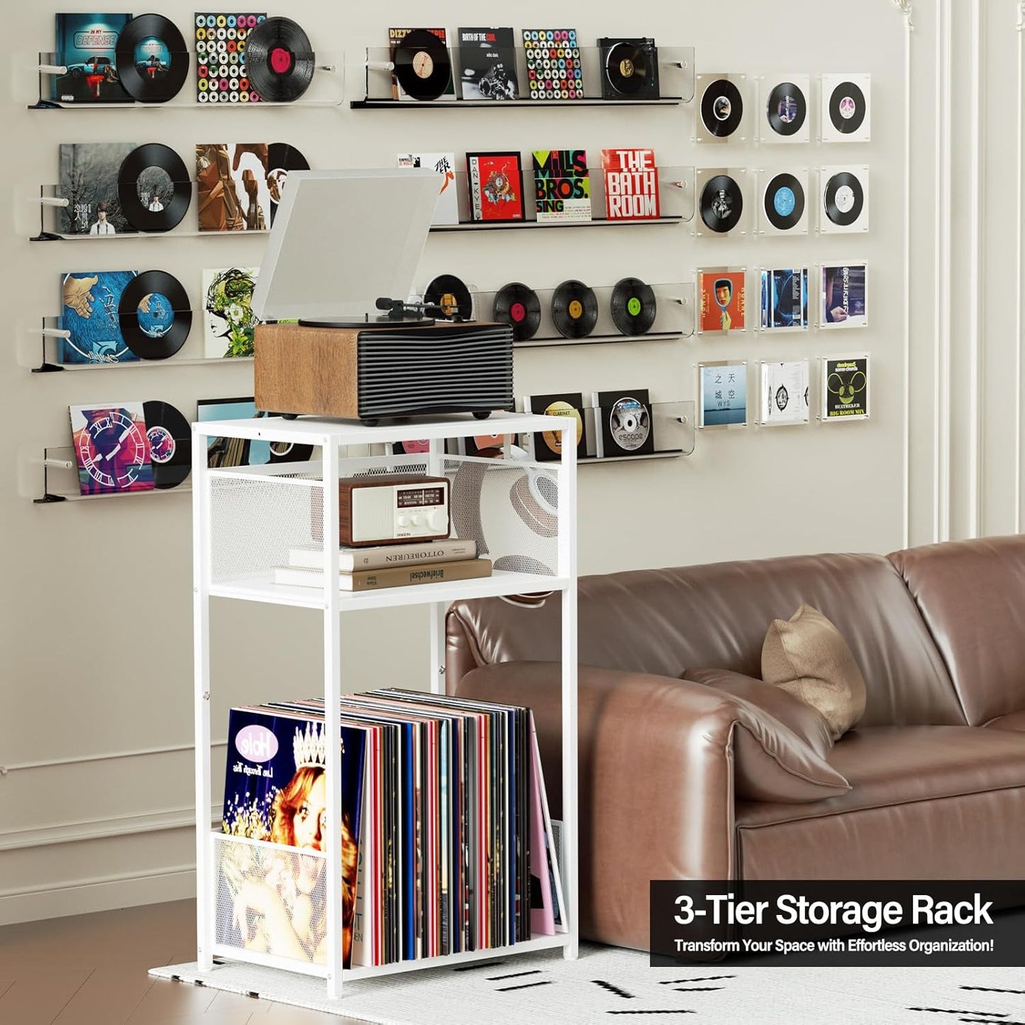 3 Tier End Table,Record Player Stand with Storage up to 100 Albums,Turntable Stand for Vinyl,White Records Shelf for Living Room Bedroom