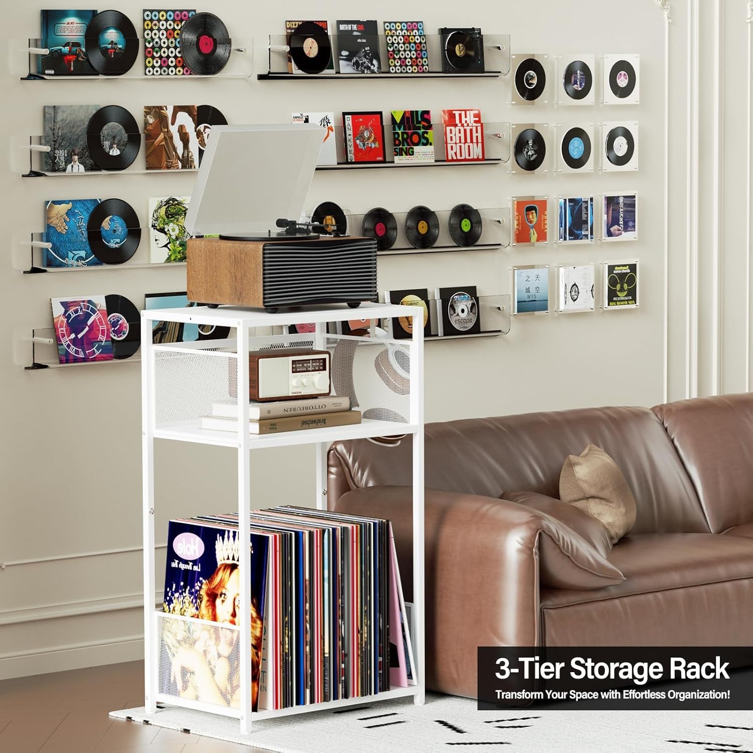 3 Tier End Table,Record Player Stand with Storage up to 100 Albums,Turntable Stand for Vinyl,White Records Shelf for Living Room Bedroom