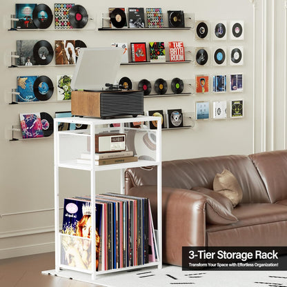 3 Tier End Table,Record Player Stand with Storage up to 100 Albums,Turntable Stand for Vinyl,White Records Shelf for Living Room Bedroom