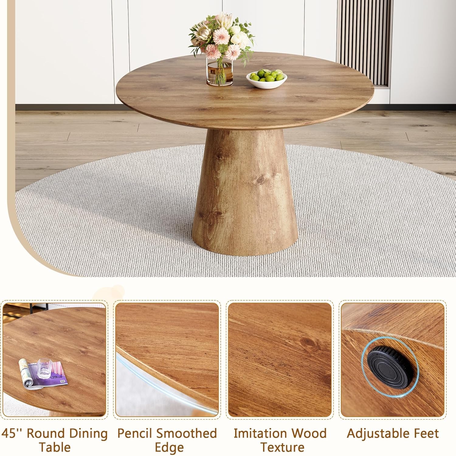 Round Dining Table 45'',Wood Dining Room Table for 4-6,Round Pedestal Dining Table with Stable Base,Circle Wood Texture Kitchen Table for Dining Room Easy Assembly