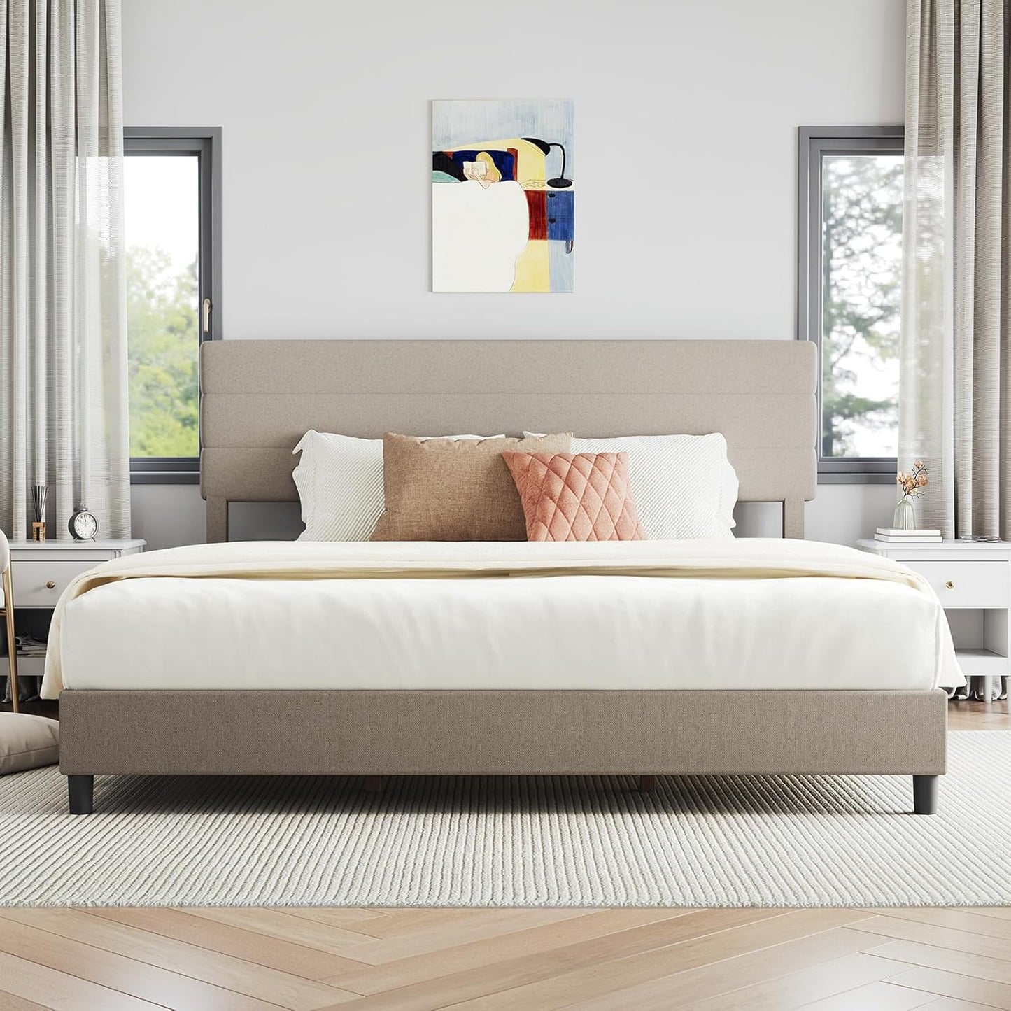 King Bed Frame and Headboard, King Bed Frame, Linen Upholstered Stripe Bed Frames, No Box Spring Needed, Heavy Duty Feet, Easy Assembly, Beige