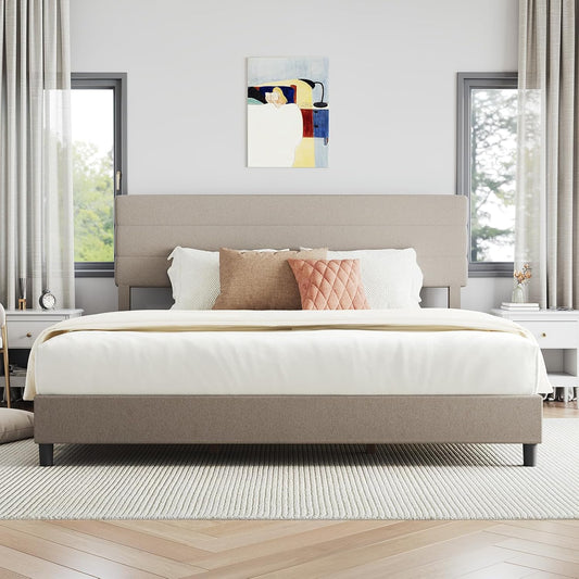 King Bed Frame and Headboard, King Bed Frame, Linen Upholstered Stripe Bed Frames, No Box Spring Needed, Heavy Duty Feet, Easy Assembly, Beige