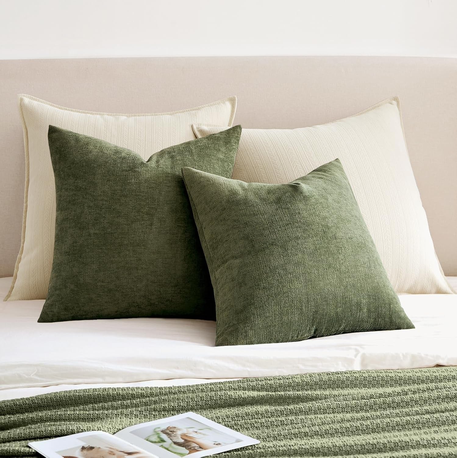 Olive Green Couch Pillow Covers 18X18 Inch, Set of 2 Soft Chenille Decorative Square Throw Pillow Covers Farmhouse for Sofa Living Room Bed