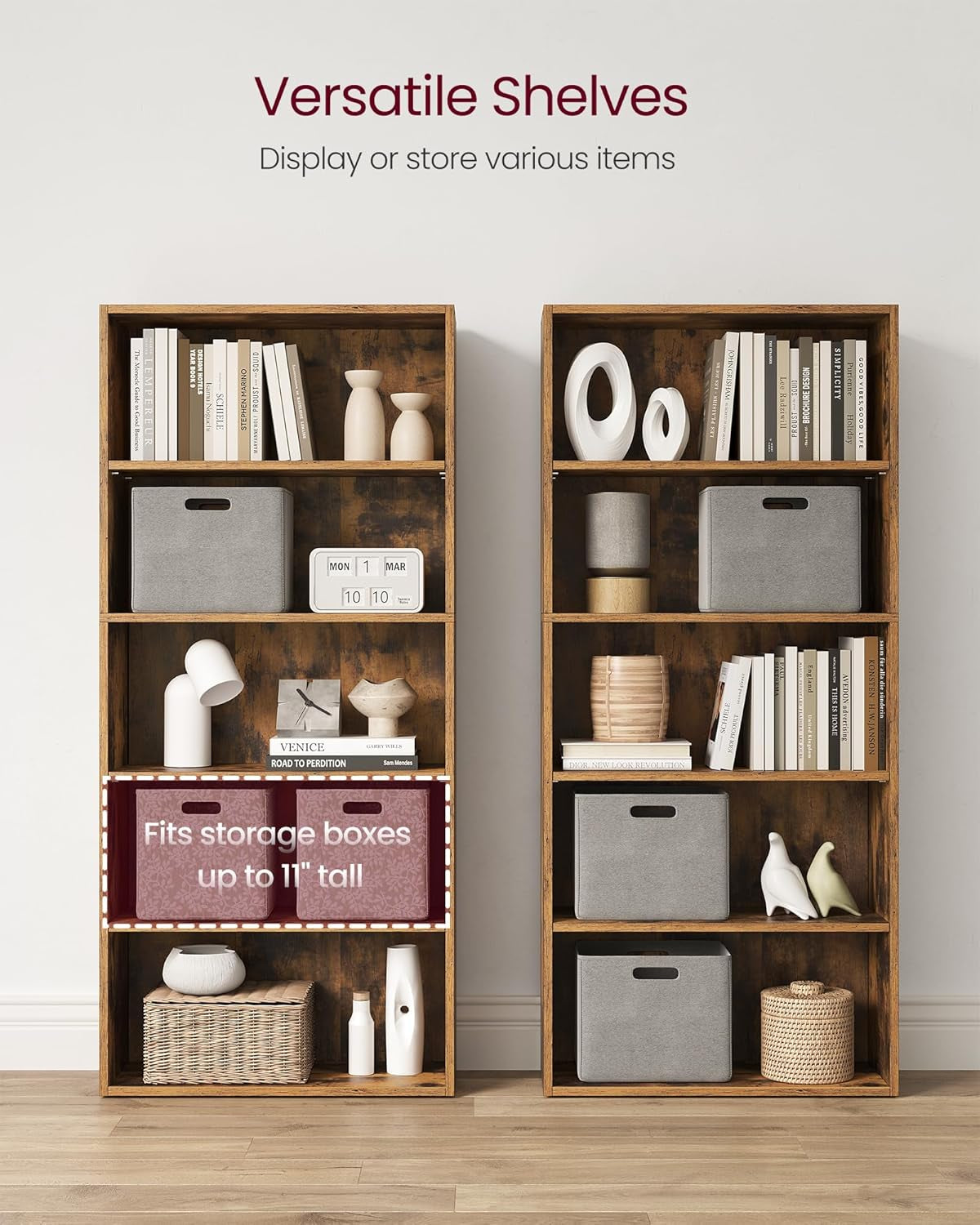 CUSTOS Collection - Bookshelf, 5-Tier Bookcase, Book Shelf, Open Storage Shelf, 9.4 X 23.6 X 52.8 Inches, for Living Room, Home Office, Dinning Room, Rustic Brown ULBC165X01