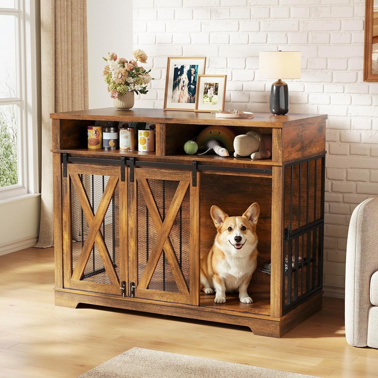 47" Large Dog Crate, Wooden Dog Kennel Furniture with Storage & Adjustable Bowl & Sliding Barn Door, Heavy Duty Dog Crates for Large Dogs, Indoor Decorative Dog Cage, Brown