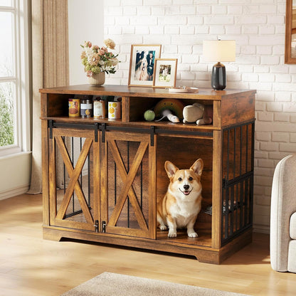 47" Large Dog Crate, Wooden Dog Kennel Furniture with Storage & Adjustable Bowl & Sliding Barn Door, Heavy Duty Dog Crates for Large Dogs, Indoor Decorative Dog Cage, Brown
