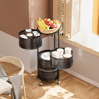 No Assembly Integrated Vegetable Storage Rack, 4-Tier Rotating Fruit Basket with Wheels, Solid Carbon Steel Kitchen Storage Cart for Potato Onion Produce, Fruteros Para Cocina, Black
