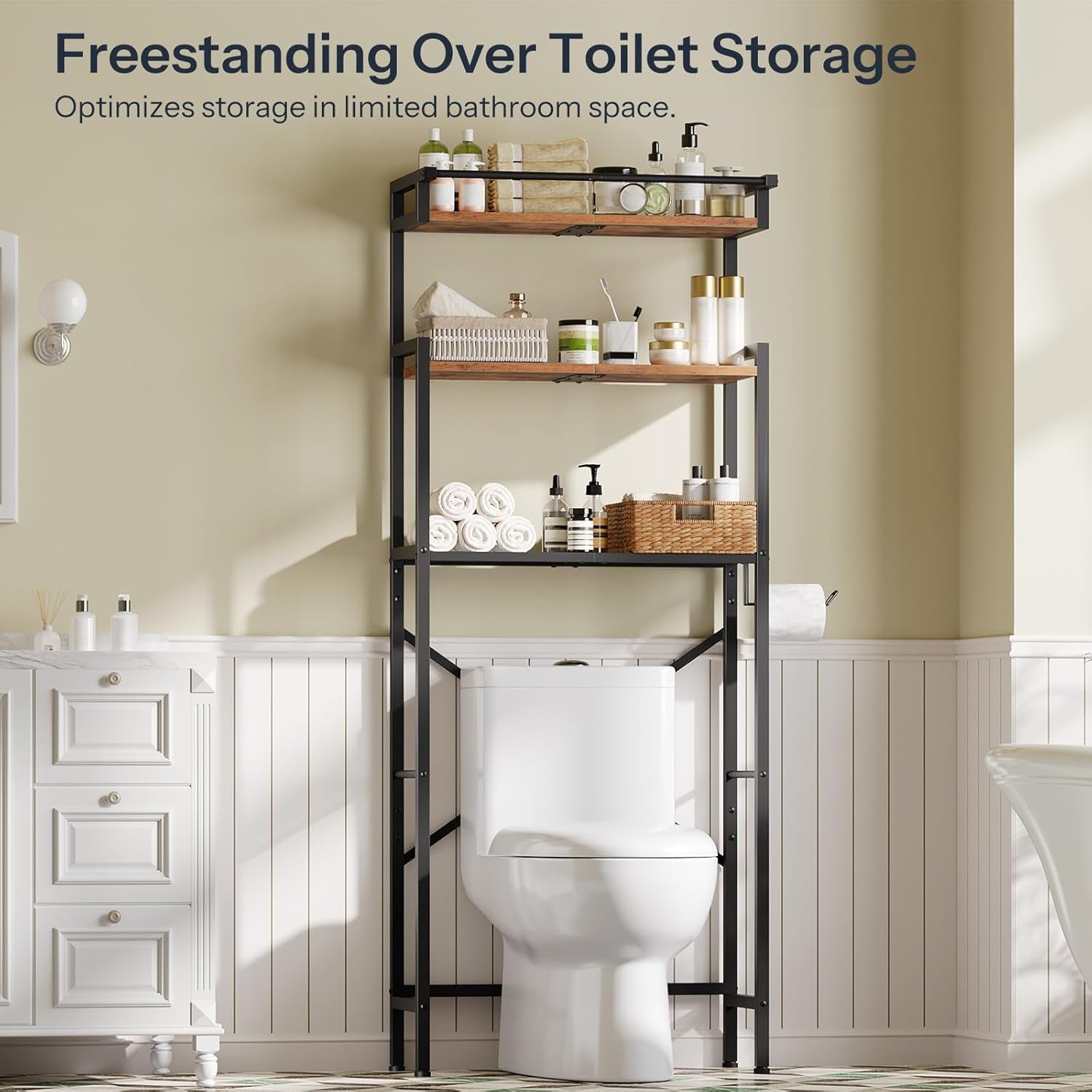 Over-The-Toilet Storage Rack, 3-Tier Bathroom Shelves above Toilet, Bathroom Organizer with Toilet Paper Hook, Laundry Room, Space Saver, Rustic Brown and Black BF21TS01