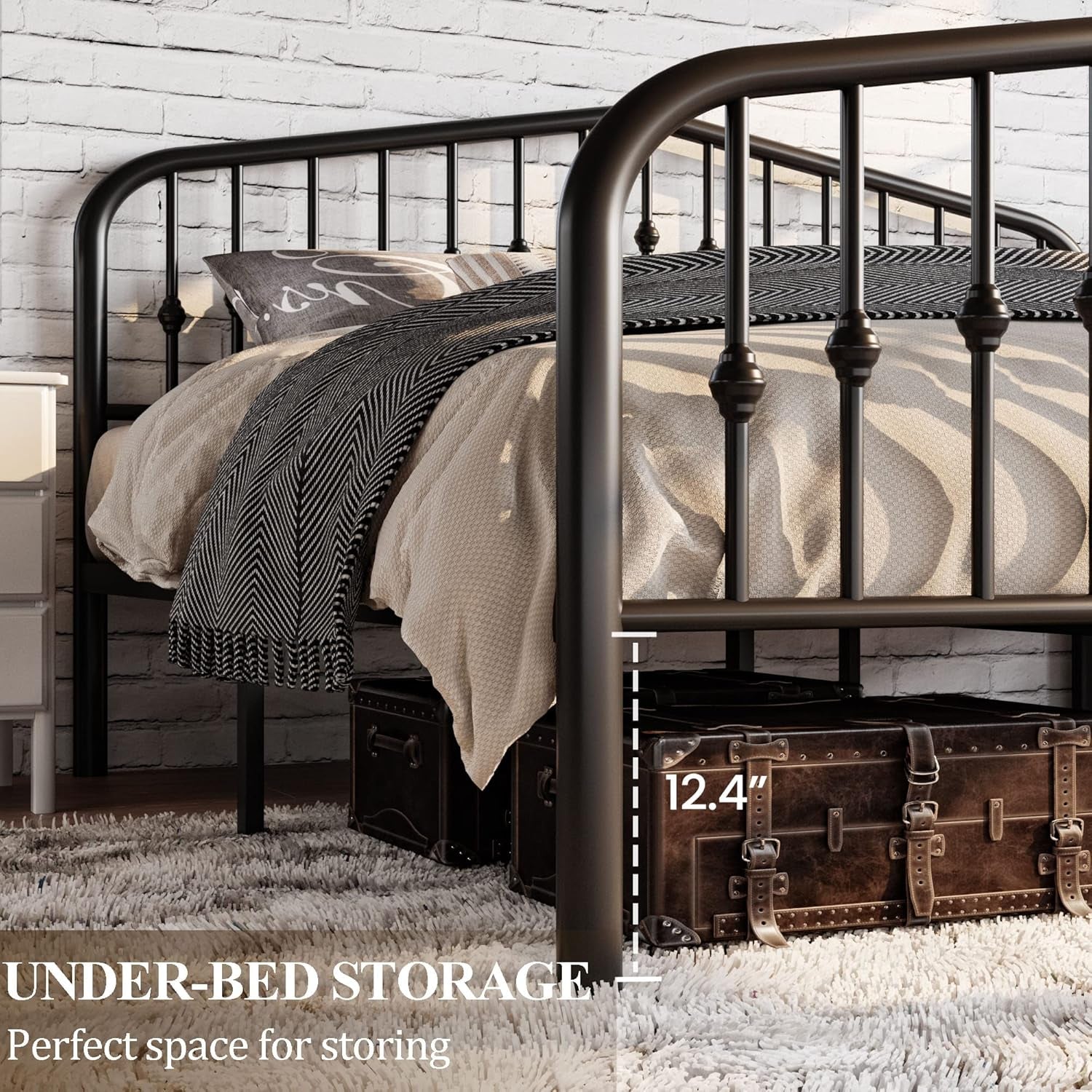 Queen Size Metal Platform Bed Frame with Victorian Style Wrought Iron-Art Headboard/Footboard, No Box Spring Required, Black