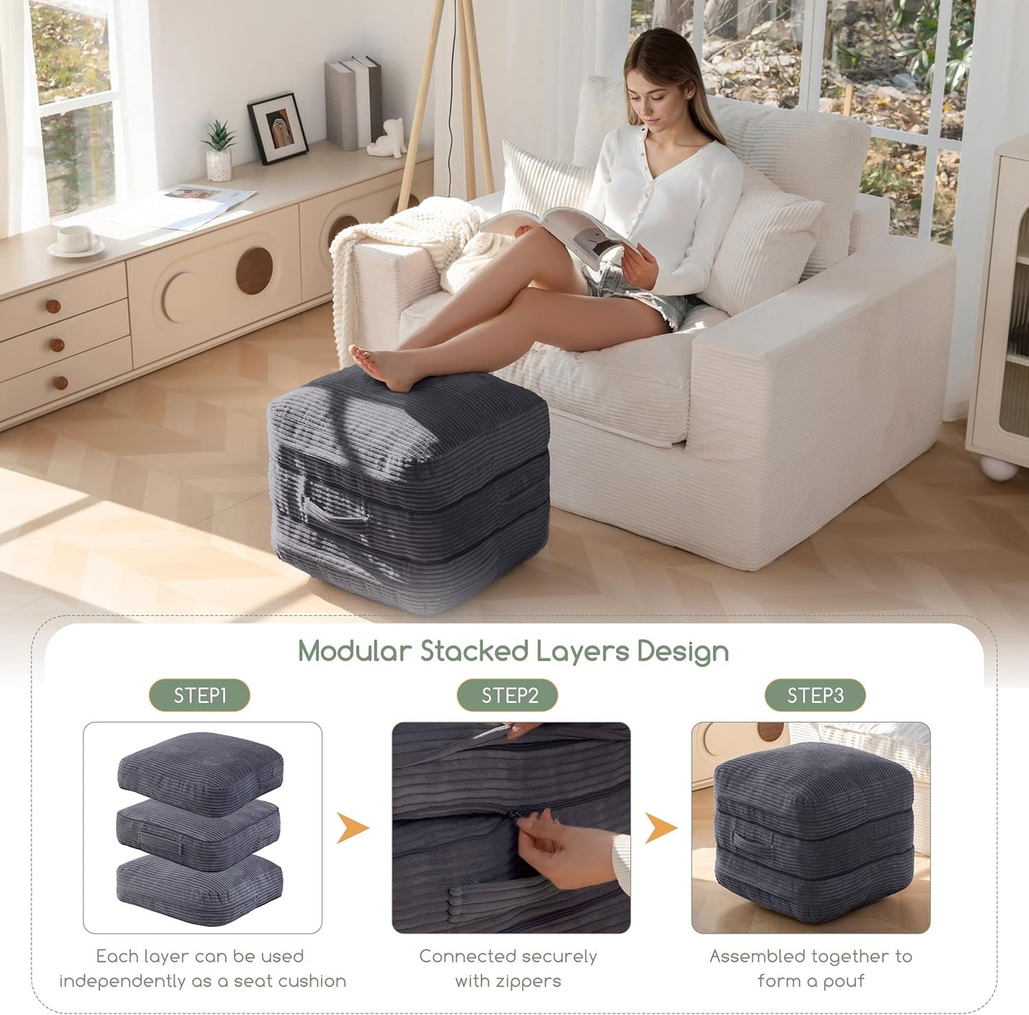 Pouf Ottoman Stuffed Square Modern Foam Filled Foot Rest Poufs 20 X 18 Inches Modular Ottomans Separated into Floor Cushions for Living Room Chair Decorative Stool, Dark Grey