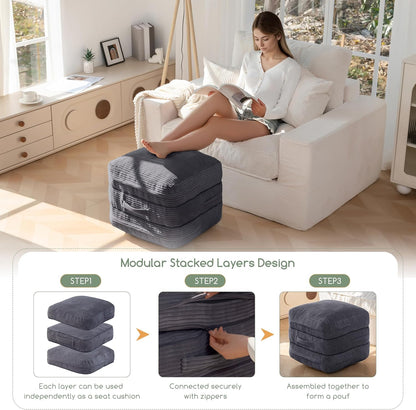 Pouf Ottoman Stuffed Square Modern Foam Filled Foot Rest Poufs 20 X 18 Inches Modular Ottomans Separated into Floor Cushions for Living Room Chair Decorative Stool, Dark Grey
