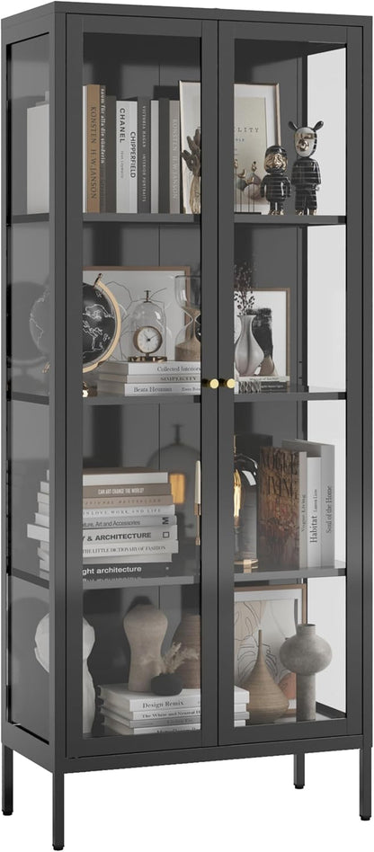 Glass Display Cabinet 4-Tier, Display Cabinet with Glass Doors, Curio Cabinet with Tempered Glasses Doors,Metal Storage Cabinets for Living Room, Plant, Assembly Required, Black