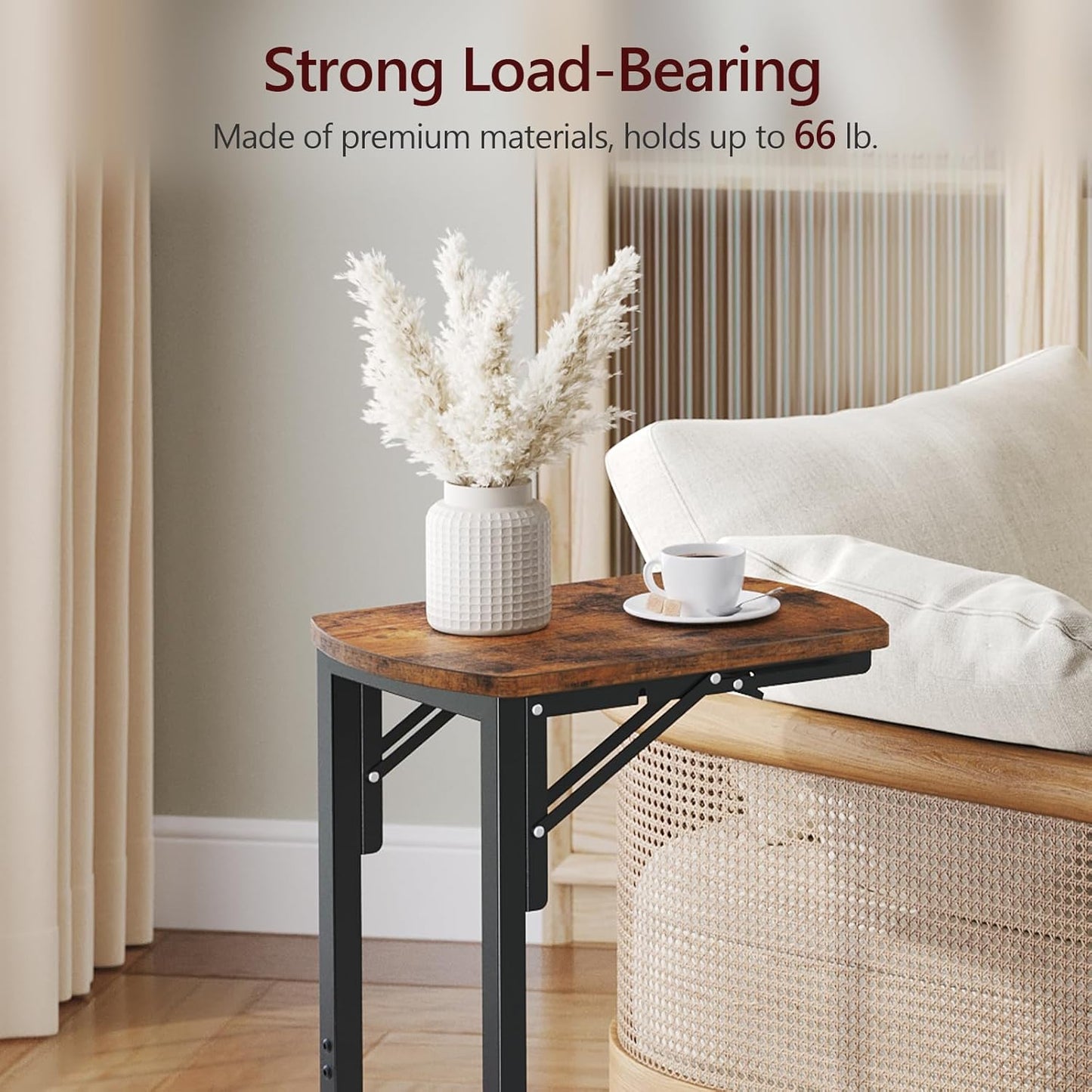 Set of 2 Folding Samll Side Table, C-Shaped End Table for Couch, Slide under Couch Side Table for Sofa Bed, Foldable TV Tray for Small Spaces, Living Room, Bedroom, Rustic Brown ETHR4101S2