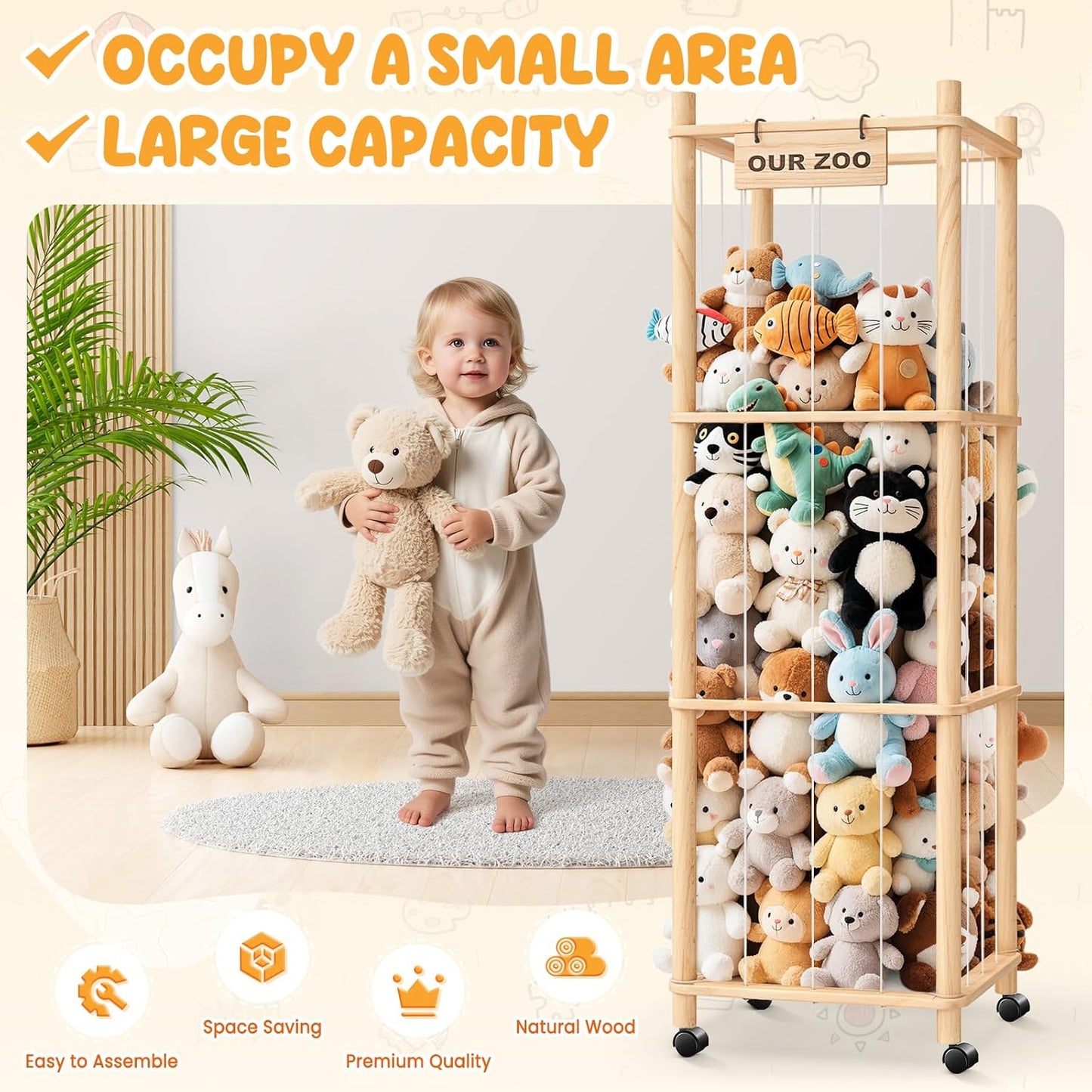 Extra Large Stuffed Animal Storage Zoo with Wheels – Plush Toy Organizer Cage, Space-Saving Rolling Holder for Kids’ Bedroom & Playroom
