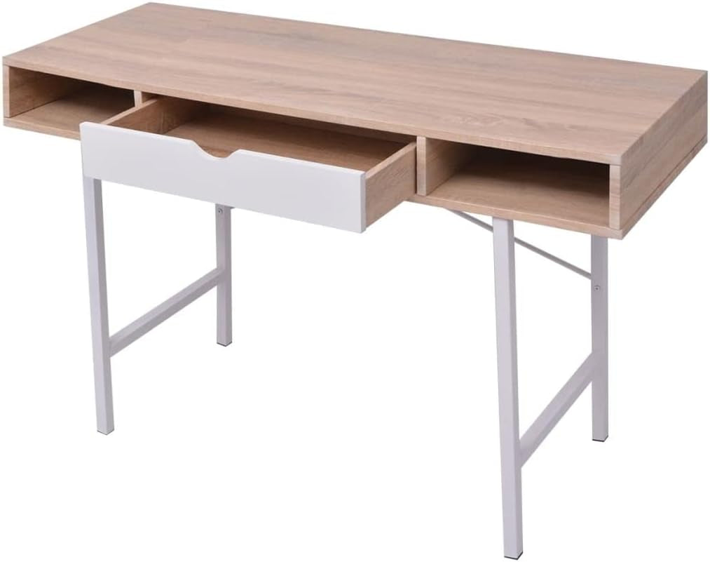 Modern Computer Desk, Oak and White MDF, Metal Frame, 47.2" Rectangular Study Table for Home Office, Dorm Room, Writing
