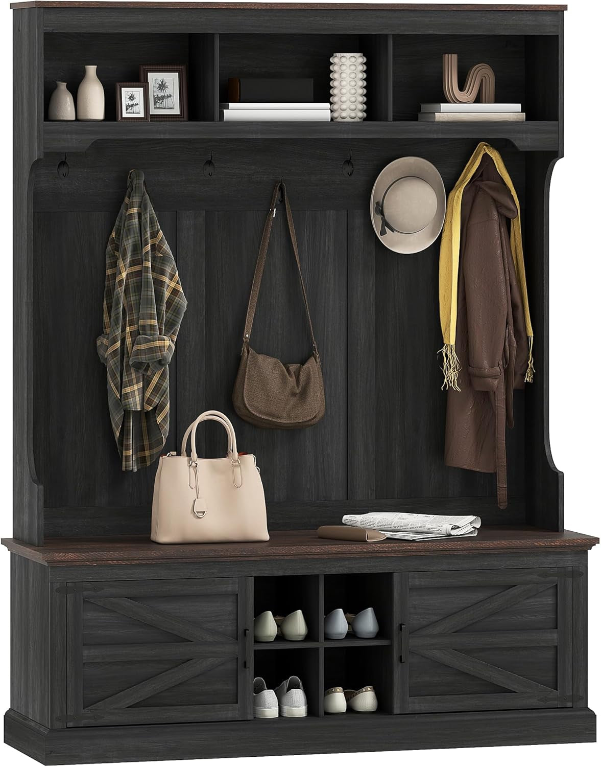 3-In-1 Hall Tree with Storage, Farmhouse Coat Rack with Bench, Standing Shoe Rack with Seven Hooks for Entryway, Black Wood Grain