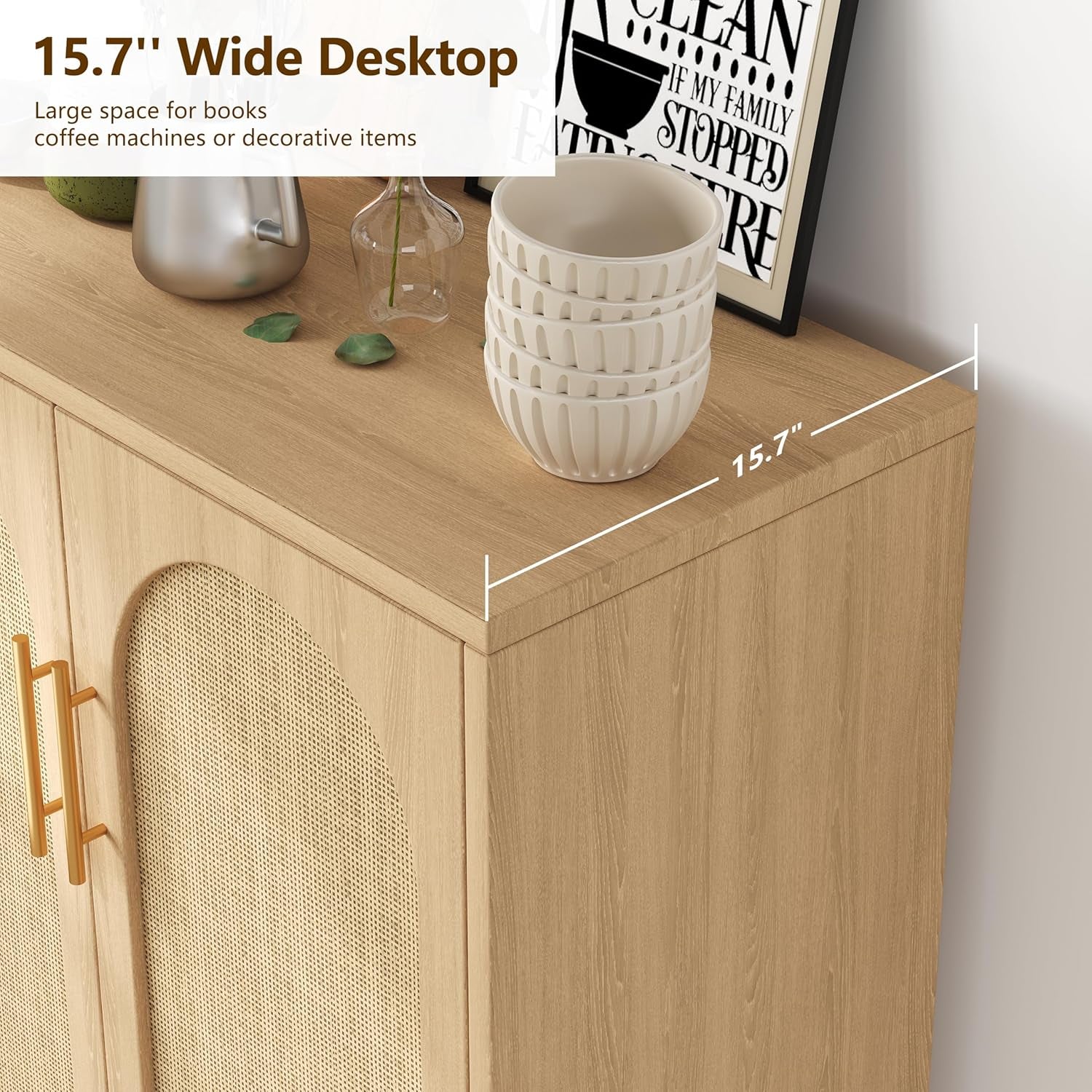 Rattan Buffet Cabinet with Storage, Boho Buffet Table with Adjustable Shelf and Solid Wood Legs, Accent Sideboard with Doors, Floor Cabinet for Kitchen, Dining Room and Living Room, Natural