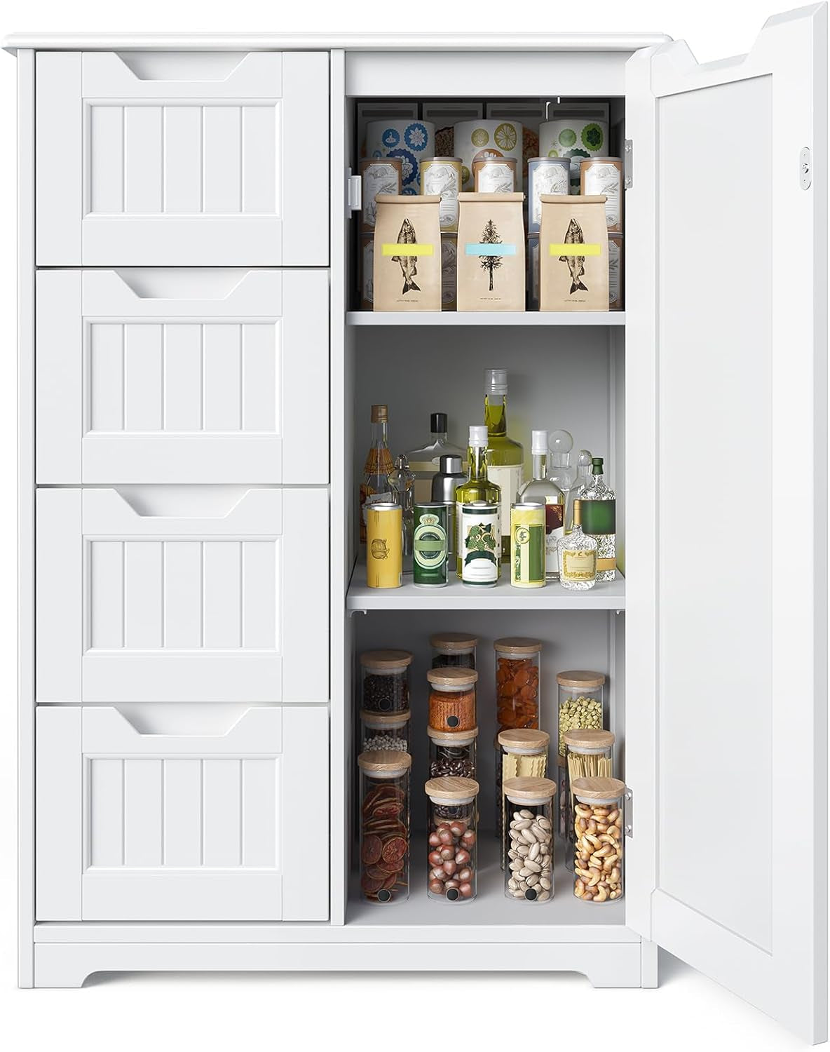 Small Pantry with Door and Shelves, 33'' Kitchen Pantry Storage Cabinet Freestanding Wooden Bathroom Storage Cabinet with 4 Drawers for Kitchen and Dining Room, White