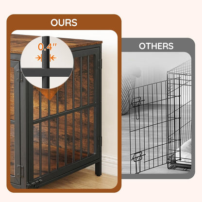Heavy Duty Dog Crate Furniture, 39.4" Wooden Indoor Kennel with 3 Doors, Chew Resistant Metal Cage for Medium and Large Breeds, Dog Crate Side Table, Black and Rustic Brown BF101GW03