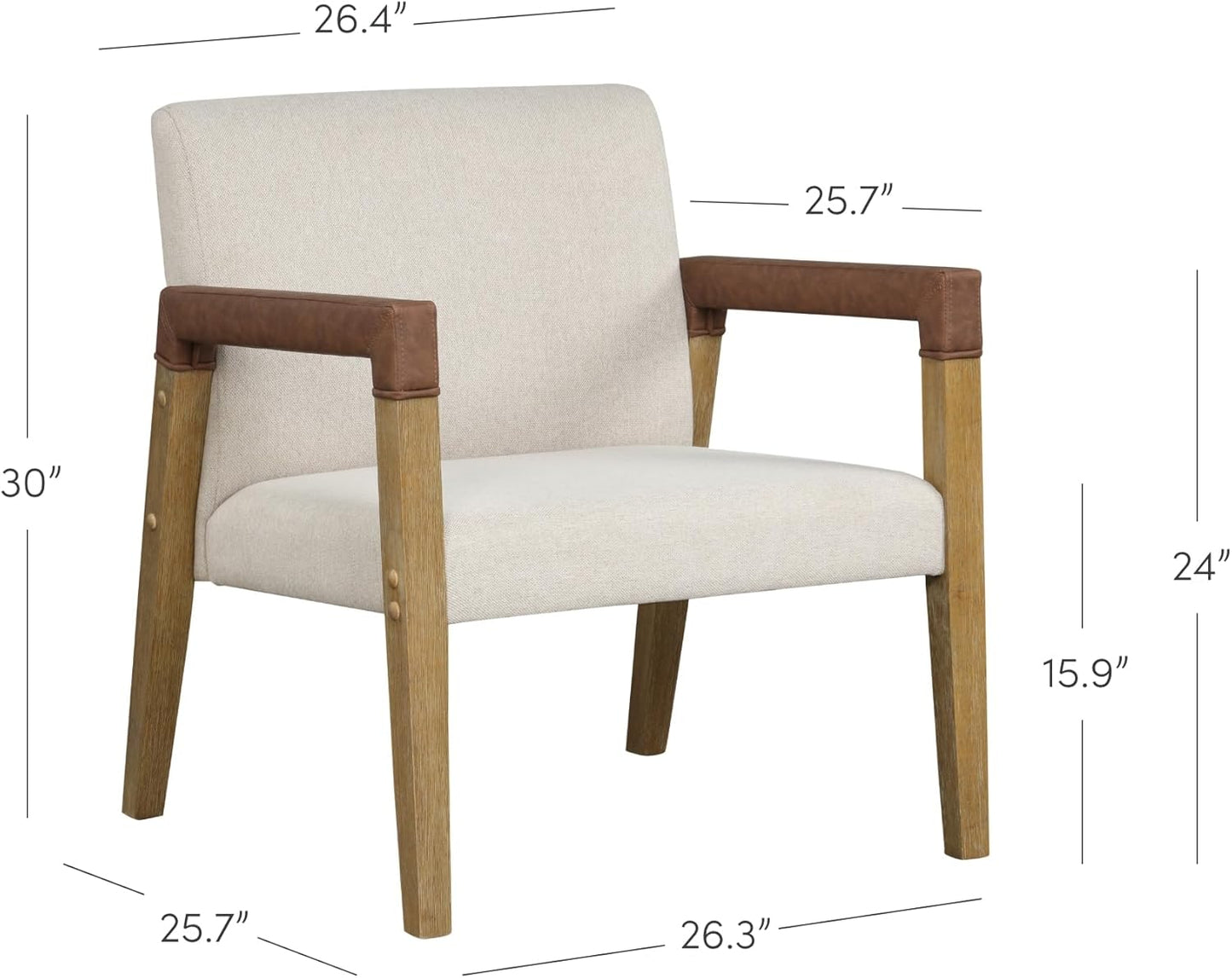Hudson Accent Living Room Chair, Comfy Reading Bedroom Chair, Mid-Century Wood Armchair, Upholstered Fabric and Leather Armrest